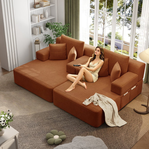 English Elm Oversized Plush Corduroy Convertible Chaise Lounge Sleeper with Storage Pocket Pillows Orange W3219S00028
