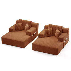 English Elm Oversized Plush Corduroy Convertible Chaise Lounge Sleeper with Storage Pocket Pillows Orange W3219S00028