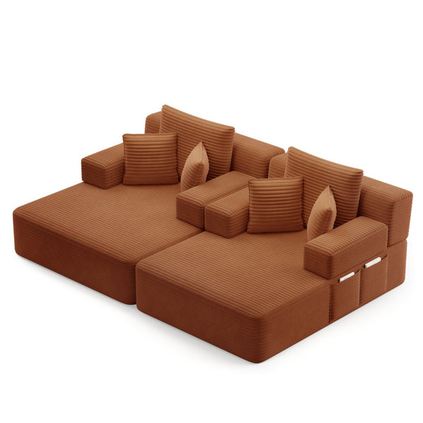 English Elm Oversized Plush Corduroy Convertible Chaise Lounge Sleeper with Storage Pocket Pillows Orange W3219S00028