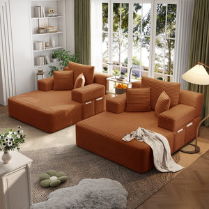 English Elm Oversized Plush Corduroy Convertible Chaise Lounge Sleeper with Storage Pocket Pillows Orange W3219S00028