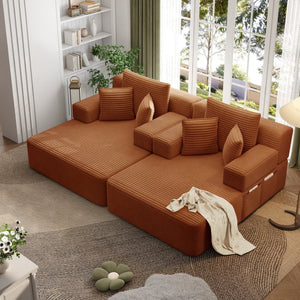 English Elm Oversized Plush Corduroy Convertible Chaise Lounge Sleeper with Storage Pocket Pillows Orange W3219S00028