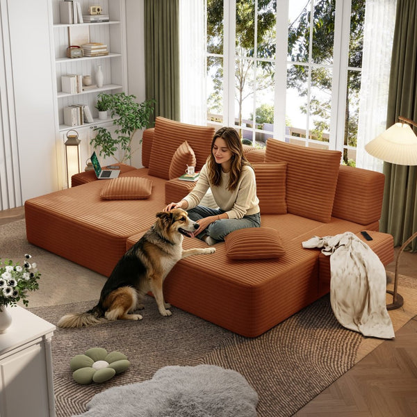 English Elm Oversized Plush Corduroy Convertible Chaise Lounge Sleeper with Storage Pocket Pillows Orange W3219S00028