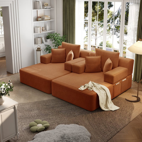 English Elm Oversized Plush Corduroy Convertible Chaise Lounge Sleeper with Storage Pocket Pillows Orange W3219S00028