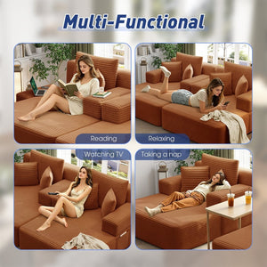 English Elm Oversized Plush Corduroy Convertible Chaise Lounge Sleeper with Storage Pocket Pillows Orange W3219S00028