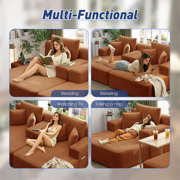 English Elm Oversized Plush Corduroy Convertible Chaise Lounge Sleeper with Storage Pocket Pillows Orange W3219S00028