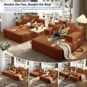 English Elm Oversized Plush Corduroy Convertible Chaise Lounge Sleeper with Storage Pocket Pillows Orange W3219S00028