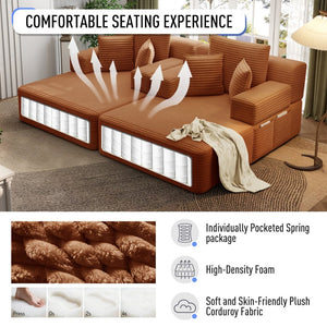 English Elm Oversized Plush Corduroy Convertible Chaise Lounge Sleeper with Storage Pocket Pillows Orange W3219S00028
