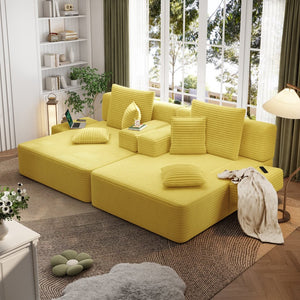 English Elm Oversized Plush Corduroy Convertible Chaise Lounge Sleeper with Storage Pocket Pillows Yellow W3219S00029