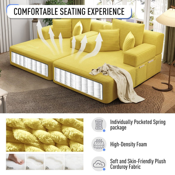 English Elm Oversized Plush Corduroy Convertible Chaise Lounge Sleeper with Storage Pocket Pillows Yellow W3219S00029