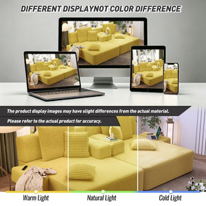English Elm Oversized Plush Corduroy Convertible Chaise Lounge Sleeper with Storage Pocket Pillows Yellow W3219S00029