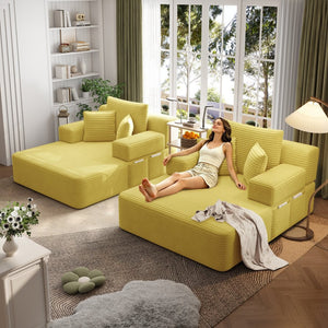 English Elm Oversized Plush Corduroy Convertible Chaise Lounge Sleeper with Storage Pocket Pillows Yellow W3219S00029