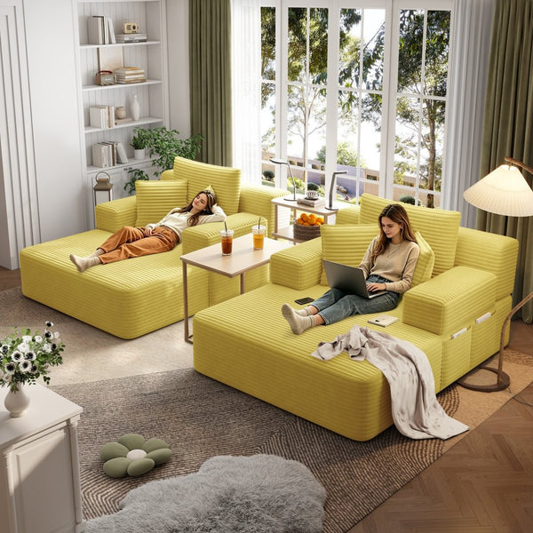 English Elm Oversized Plush Corduroy Convertible Chaise Lounge Sleeper with Storage Pocket Pillows Yellow W3219S00029