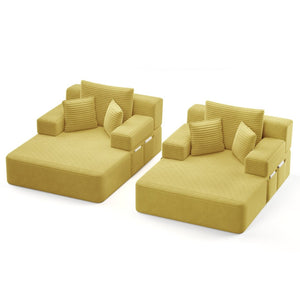 English Elm Oversized Plush Corduroy Convertible Chaise Lounge Sleeper with Storage Pocket Pillows Yellow W3219S00029