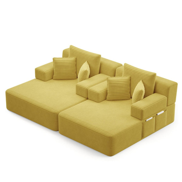 English Elm Oversized Plush Corduroy Convertible Chaise Lounge Sleeper with Storage Pocket Pillows Yellow W3219S00029