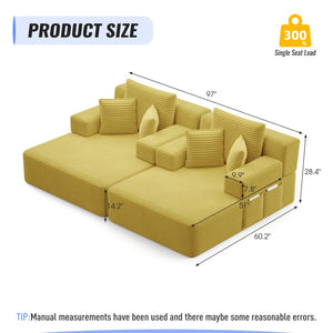 English Elm Oversized Plush Corduroy Convertible Chaise Lounge Sleeper with Storage Pocket Pillows Yellow W3219S00029