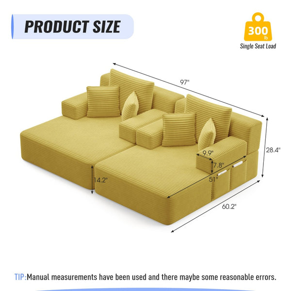 English Elm Oversized Plush Corduroy Convertible Chaise Lounge Sleeper with Storage Pocket Pillows Yellow W3219S00029