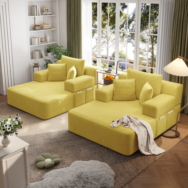 English Elm Oversized Plush Corduroy Convertible Chaise Lounge Sleeper with Storage Pocket Pillows Yellow W3219S00029