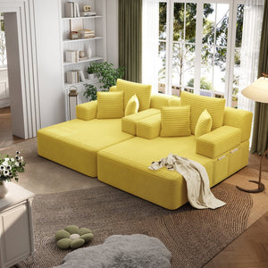 English Elm Oversized Plush Corduroy Convertible Chaise Lounge Sleeper with Storage Pocket Pillows Yellow W3219S00029