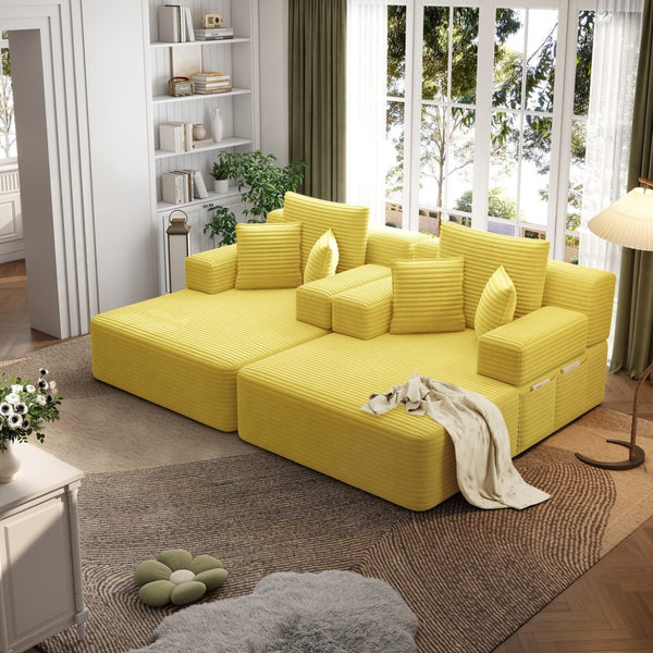 English Elm Oversized Plush Corduroy Convertible Chaise Lounge Sleeper with Storage Pocket Pillows Yellow W3219S00029