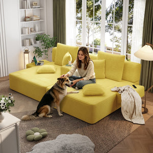 English Elm Oversized Plush Corduroy Convertible Chaise Lounge Sleeper with Storage Pocket Pillows Yellow W3219S00029