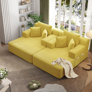English Elm Oversized Plush Corduroy Convertible Chaise Lounge Sleeper with Storage Pocket Pillows Yellow W3219S00029