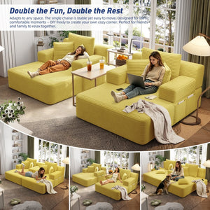 English Elm Oversized Plush Corduroy Convertible Chaise Lounge Sleeper with Storage Pocket Pillows Yellow W3219S00029