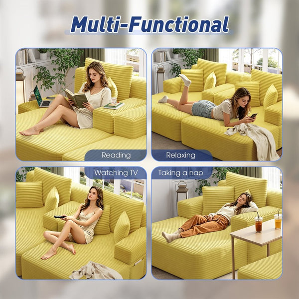 English Elm Oversized Plush Corduroy Convertible Chaise Lounge Sleeper with Storage Pocket Pillows Yellow W3219S00029