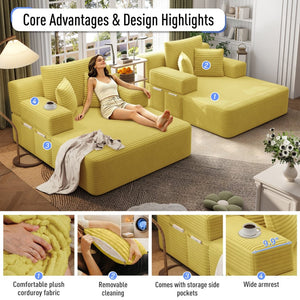 English Elm Oversized Plush Corduroy Convertible Chaise Lounge Sleeper with Storage Pocket Pillows Yellow W3219S00029