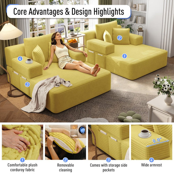 English Elm Oversized Plush Corduroy Convertible Chaise Lounge Sleeper with Storage Pocket Pillows Yellow W3219S00029