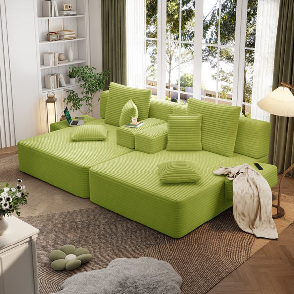 English Elm Oversized Plush Corduroy Convertible Chaise Lounge Sleeper with Storage Pocket Pillows Light Green W3219S00030