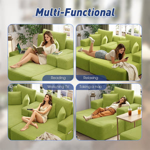 English Elm Oversized Plush Corduroy Convertible Chaise Lounge Sleeper with Storage Pocket Pillows Light Green W3219S00030