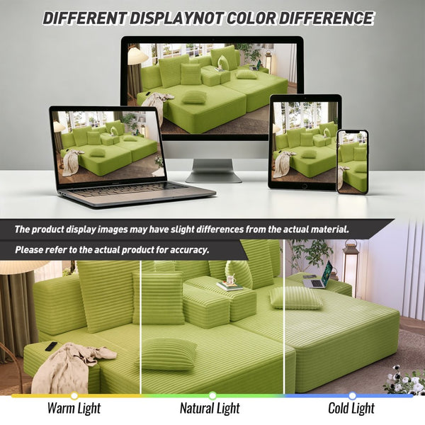 English Elm Oversized Plush Corduroy Convertible Chaise Lounge Sleeper with Storage Pocket Pillows Light Green W3219S00030