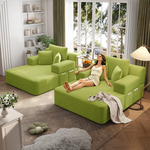 English Elm Oversized Plush Corduroy Convertible Chaise Lounge Sleeper with Storage Pocket Pillows Light Green W3219S00030