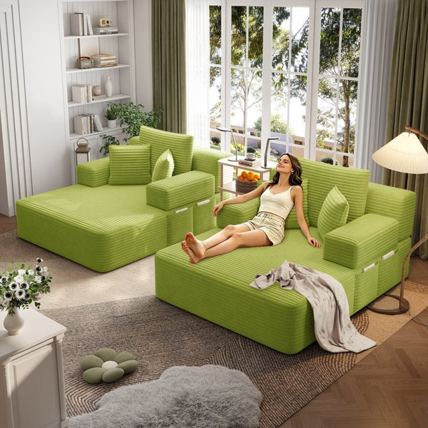 English Elm Oversized Plush Corduroy Convertible Chaise Lounge Sleeper with Storage Pocket Pillows Light Green W3219S00030