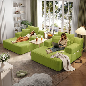 English Elm Oversized Plush Corduroy Convertible Chaise Lounge Sleeper with Storage Pocket Pillows Light Green W3219S00030
