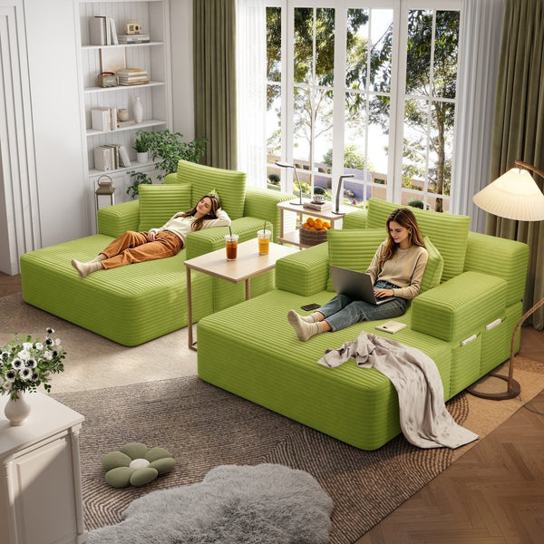 English Elm Oversized Plush Corduroy Convertible Chaise Lounge Sleeper with Storage Pocket Pillows Light Green W3219S00030