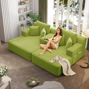 English Elm Oversized Plush Corduroy Convertible Chaise Lounge Sleeper with Storage Pocket Pillows Light Green W3219S00030