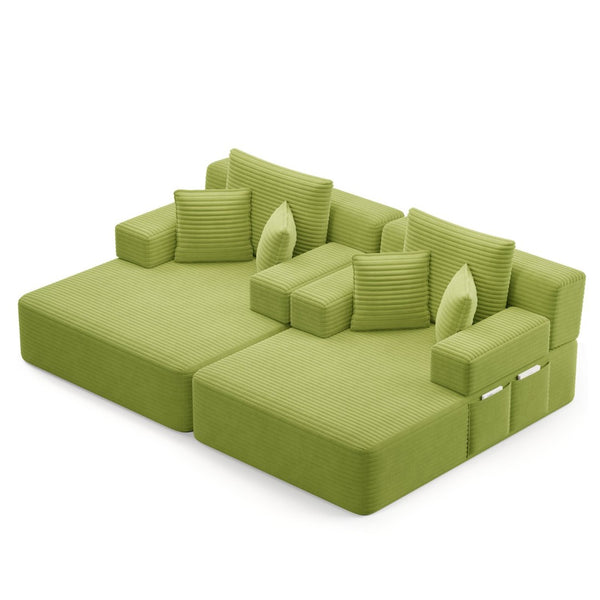 English Elm Oversized Plush Corduroy Convertible Chaise Lounge Sleeper with Storage Pocket Pillows Light Green W3219S00030