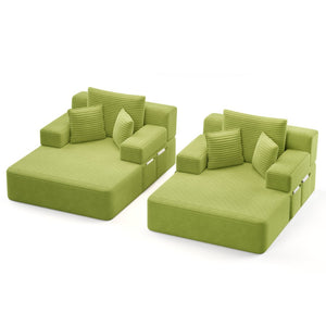 English Elm Oversized Plush Corduroy Convertible Chaise Lounge Sleeper with Storage Pocket Pillows Light Green W3219S00030