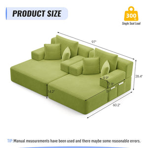 English Elm Oversized Plush Corduroy Convertible Chaise Lounge Sleeper with Storage Pocket Pillows Light Green W3219S00030