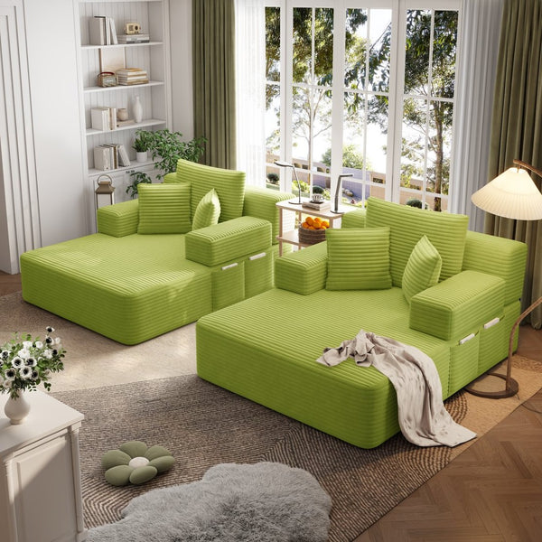 English Elm Oversized Plush Corduroy Convertible Chaise Lounge Sleeper with Storage Pocket Pillows Light Green W3219S00030
