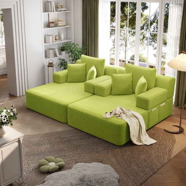 English Elm Oversized Plush Corduroy Convertible Chaise Lounge Sleeper with Storage Pocket Pillows Light Green W3219S00030