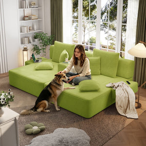 English Elm Oversized Plush Corduroy Convertible Chaise Lounge Sleeper with Storage Pocket Pillows Light Green W3219S00030