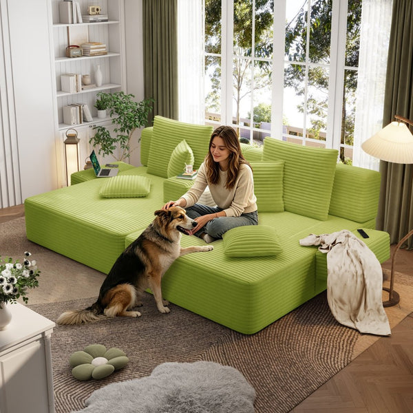 English Elm Oversized Plush Corduroy Convertible Chaise Lounge Sleeper with Storage Pocket Pillows Light Green W3219S00030