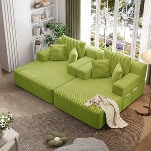 English Elm Oversized Plush Corduroy Convertible Chaise Lounge Sleeper with Storage Pocket Pillows Light Green W3219S00030