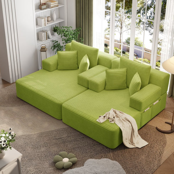 English Elm Oversized Plush Corduroy Convertible Chaise Lounge Sleeper with Storage Pocket Pillows Light Green W3219S00030