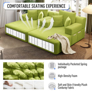English Elm Oversized Plush Corduroy Convertible Chaise Lounge Sleeper with Storage Pocket Pillows Light Green W3219S00030