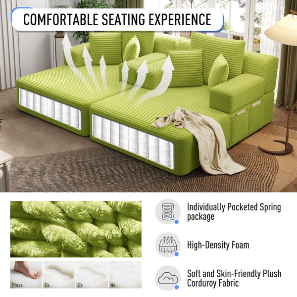 English Elm Oversized Plush Corduroy Convertible Chaise Lounge Sleeper with Storage Pocket Pillows Light Green W3219S00030