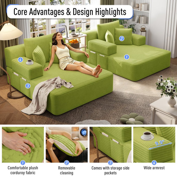 English Elm Oversized Plush Corduroy Convertible Chaise Lounge Sleeper with Storage Pocket Pillows Light Green W3219S00030
