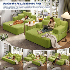 English Elm Oversized Plush Corduroy Convertible Chaise Lounge Sleeper with Storage Pocket Pillows Light Green W3219S00030